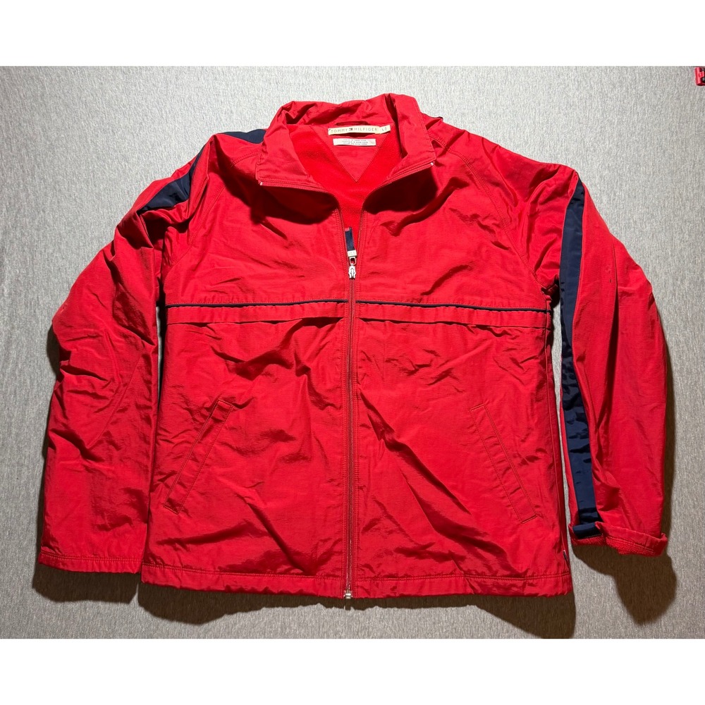 Vintage 2003 Tommy Hilfiger Windbreaker Jacket Mens L Red Navy Fleece Lined